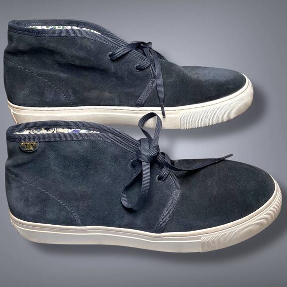 Women's TORY BURCH Blue Suede Cozy Slpper Boots Paisley Lining Rubber Sole EUC - Picture 2 of 12